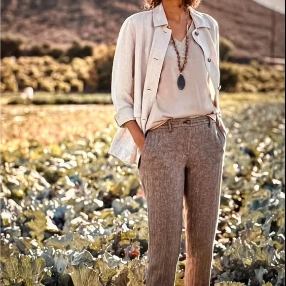 J. Jill Linen & Cotton Herringbone Pants Trousers In Coffee - Picture 1 of 10